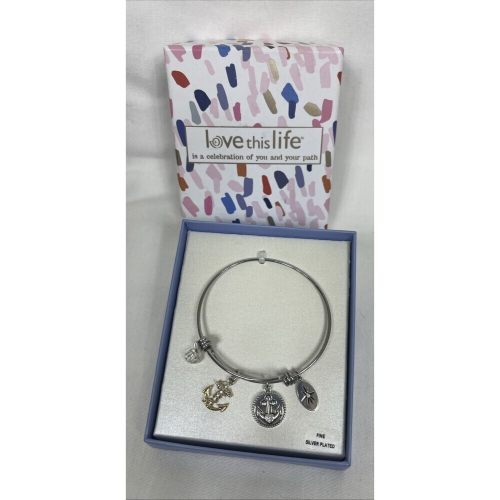 Love This Life Women's Fine Silver Plated Bangle Bracelet Anchor Star NEW in Box
